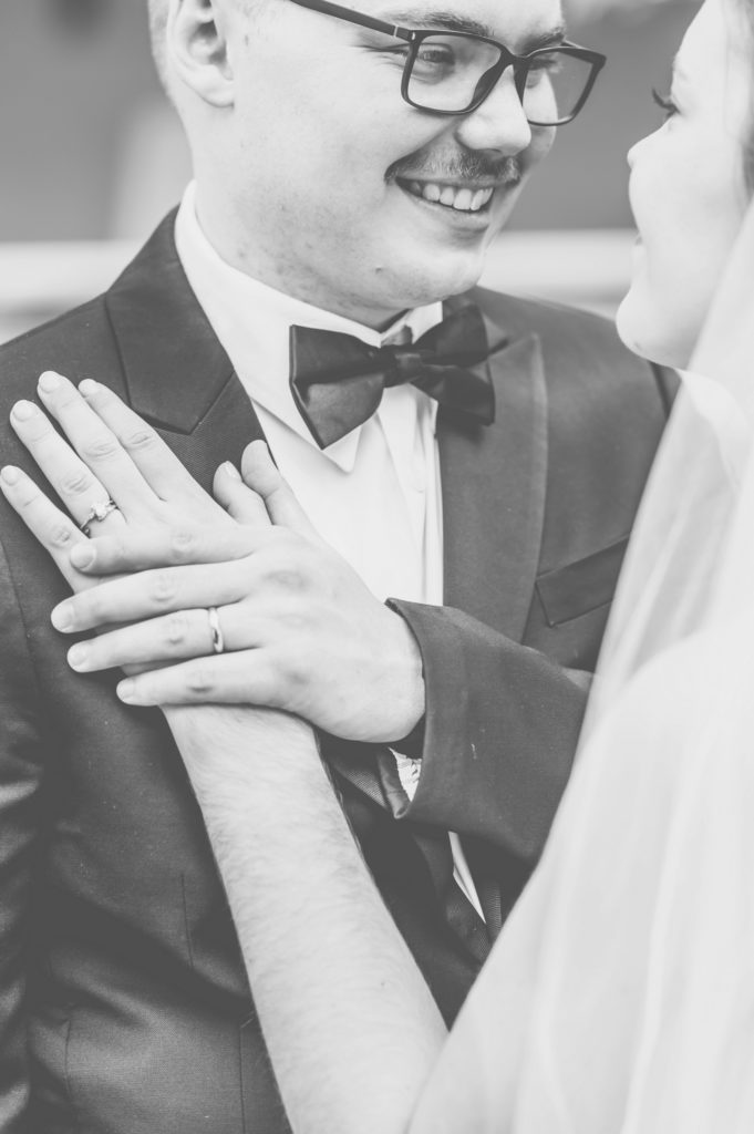 Black and white portrait of Bride and Groom at Peterson Dumesnil House Wedding